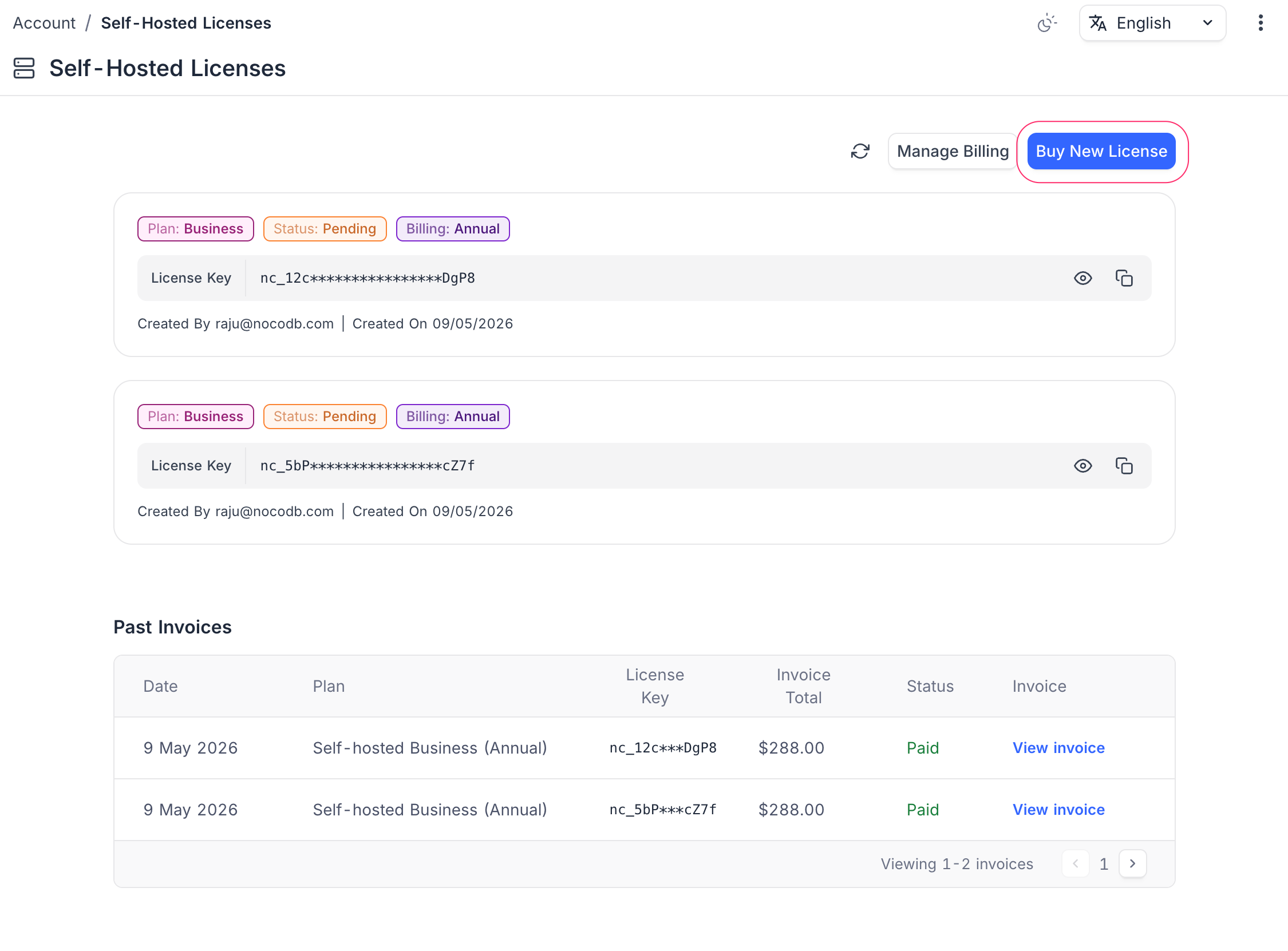 Self-Hosted Licenses list