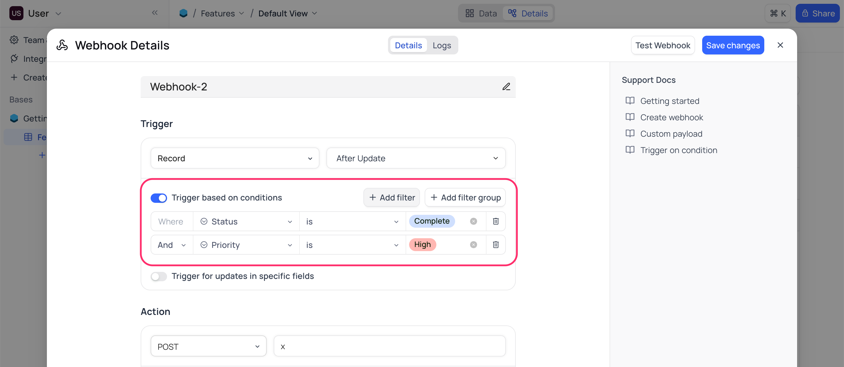 Webhook with conditions