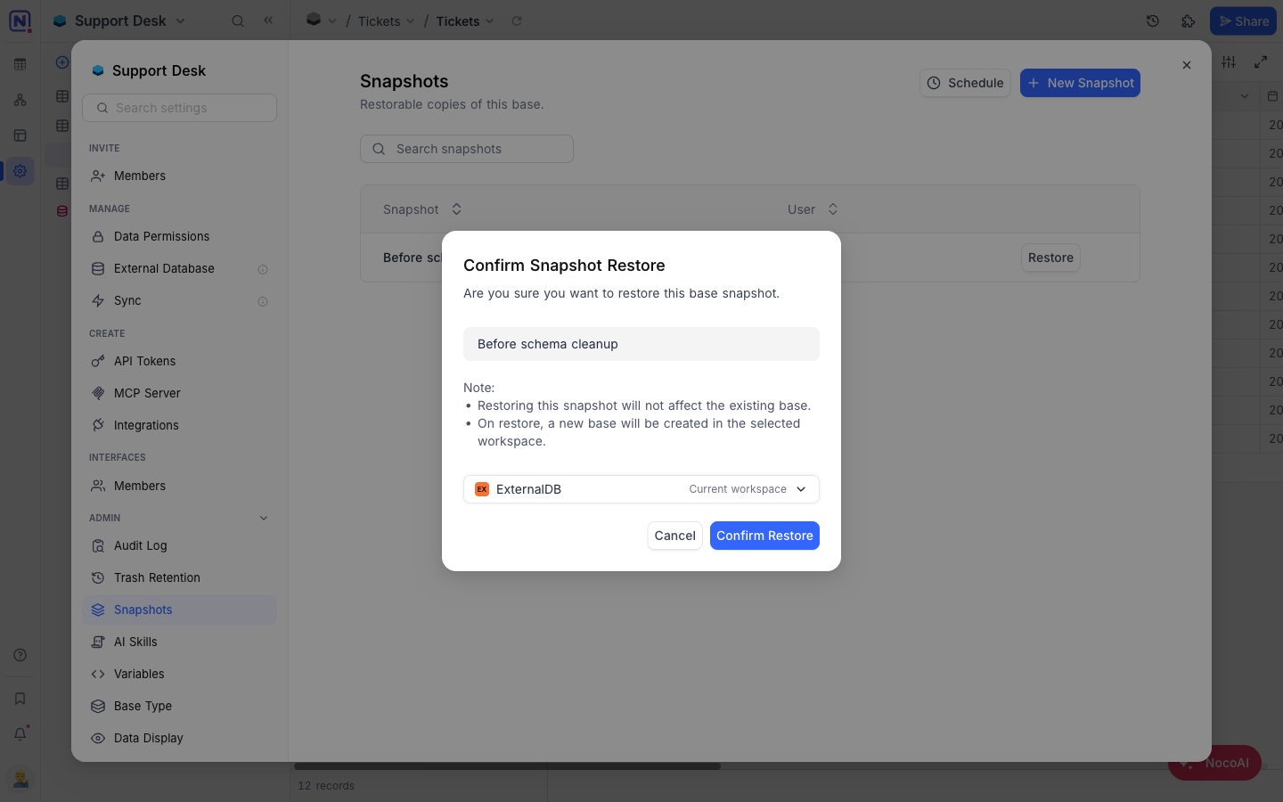 The Confirm Snapshot Restore dialog