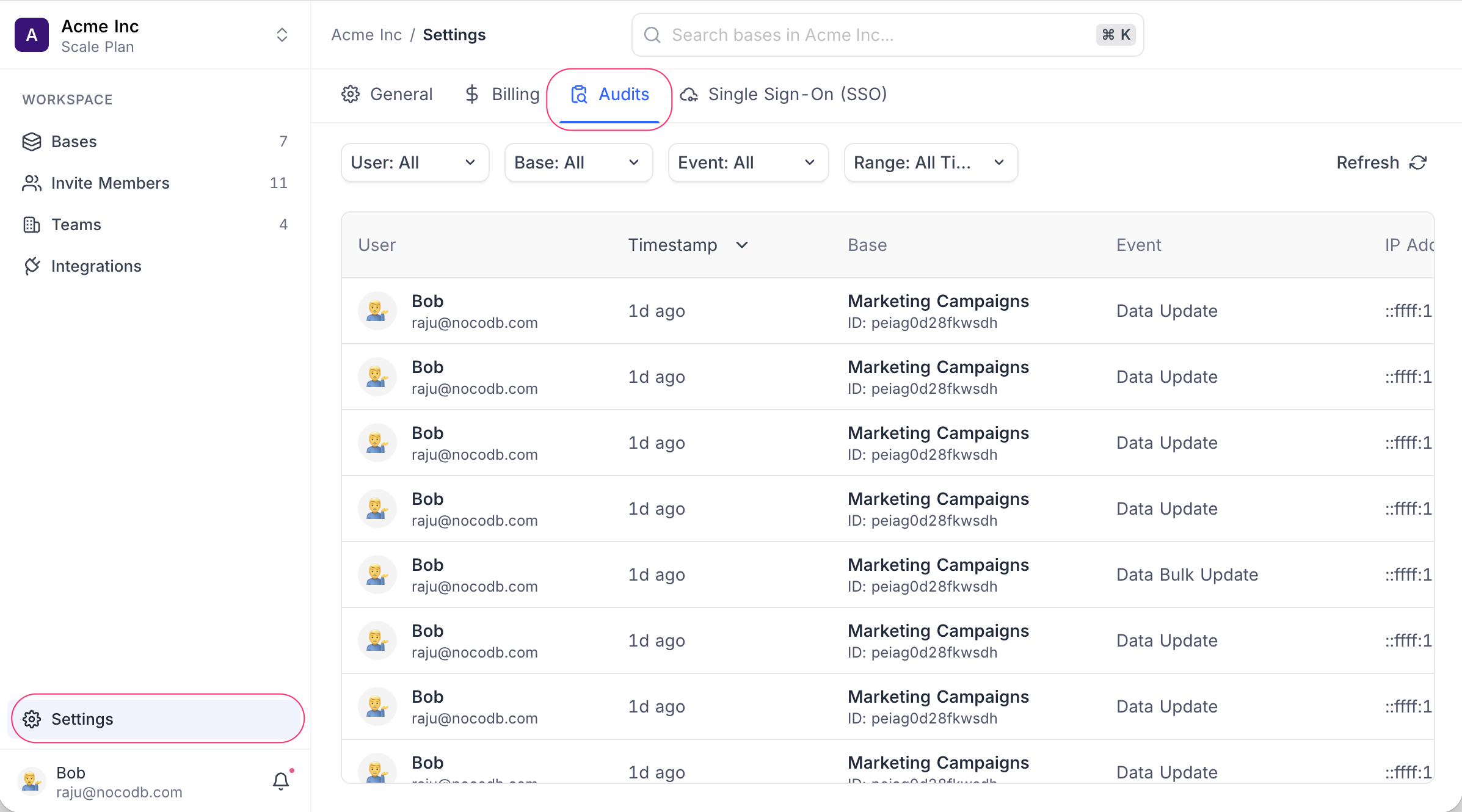 The Audits tab under workspace Settings