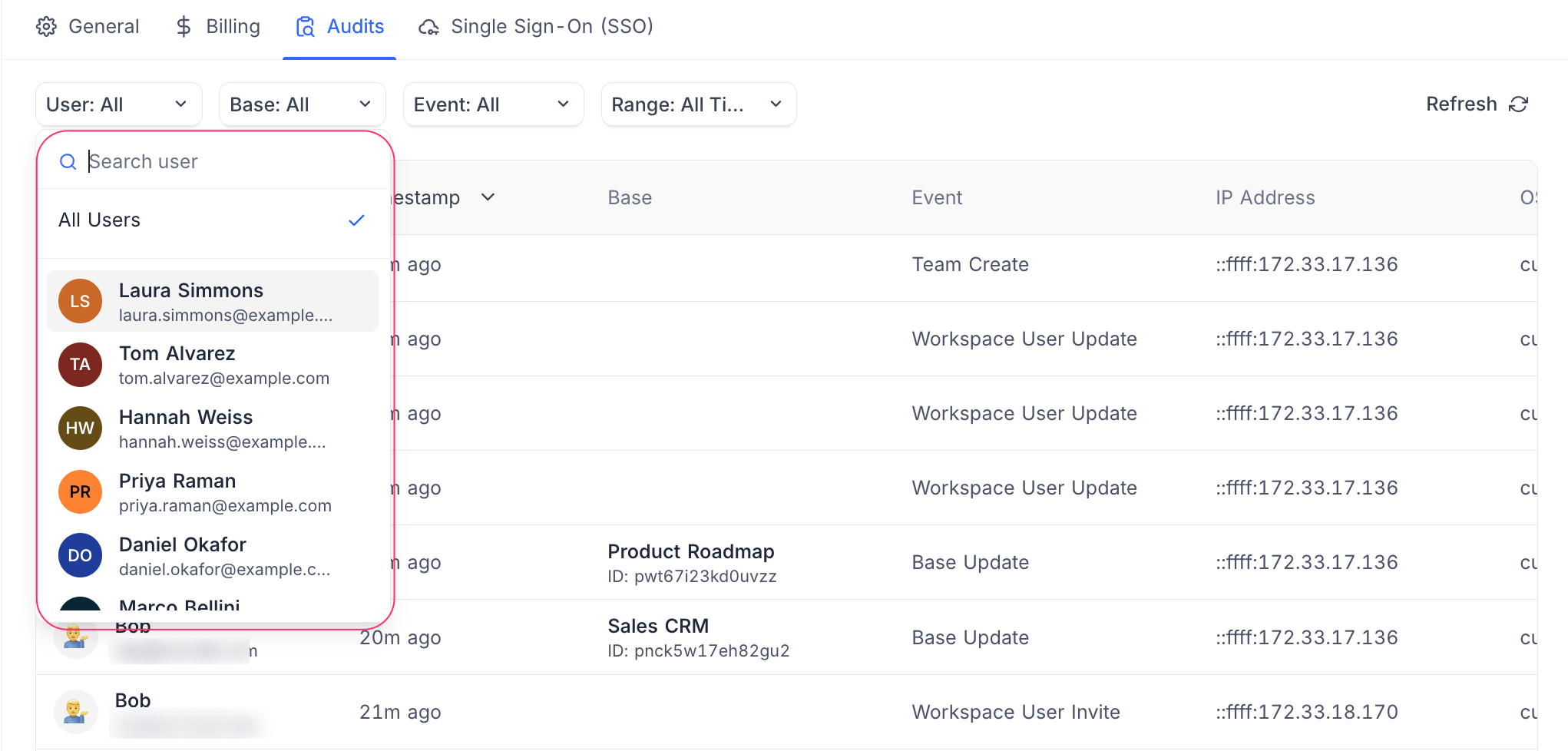 Filter audit logs by user