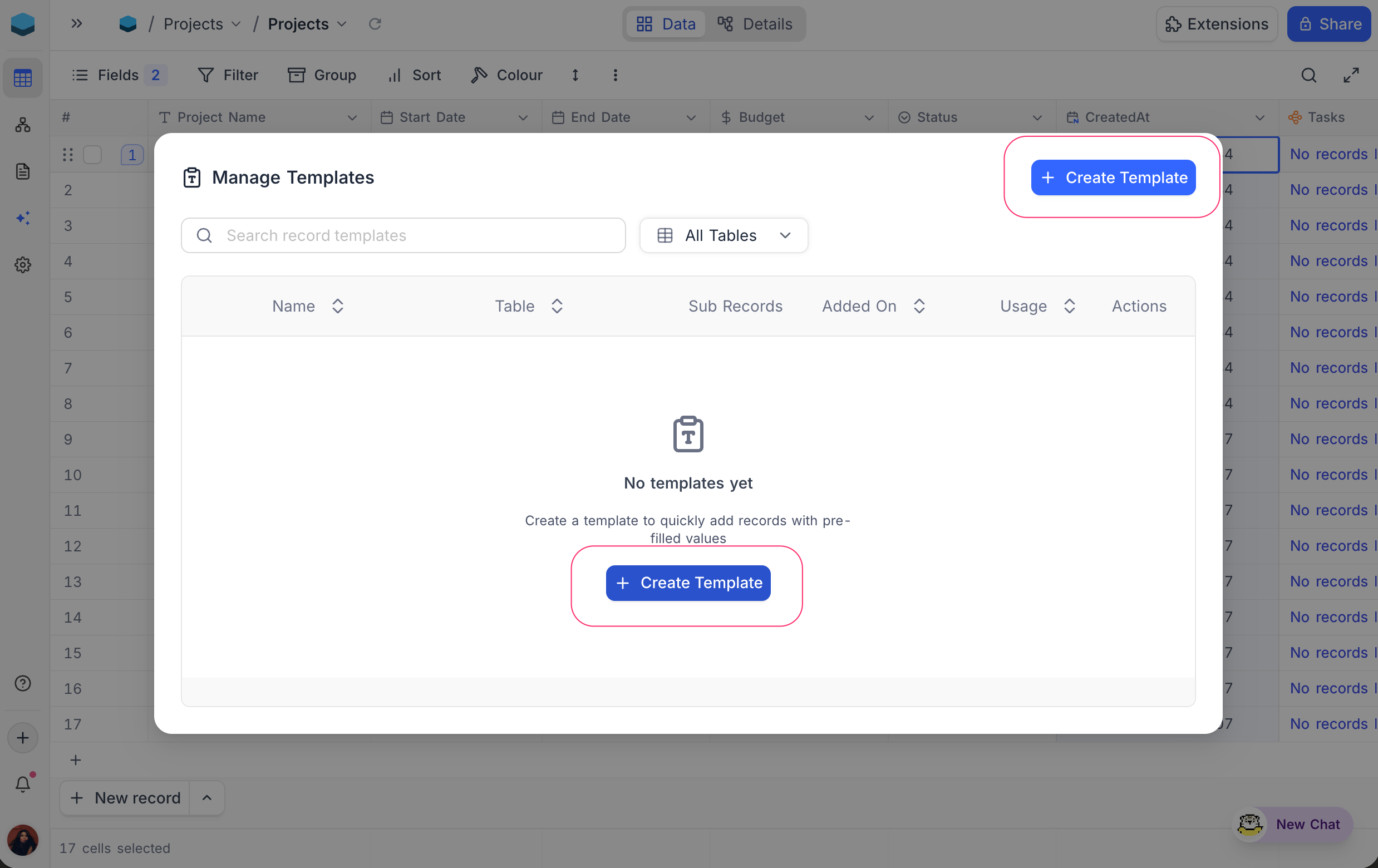 Empty Manage Templates modal