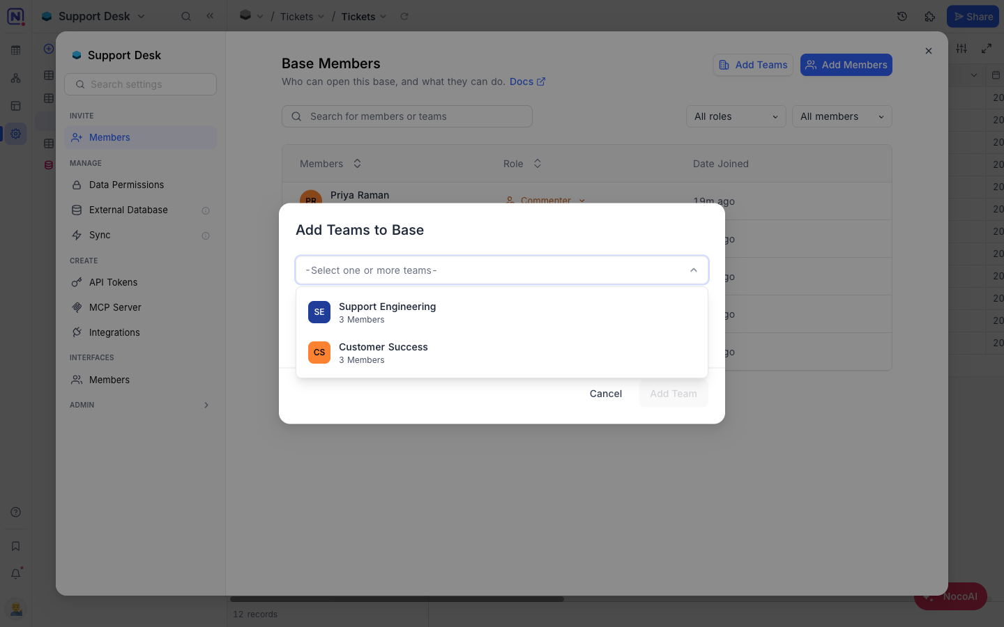 Picking a team in the Add Teams to Base dialog