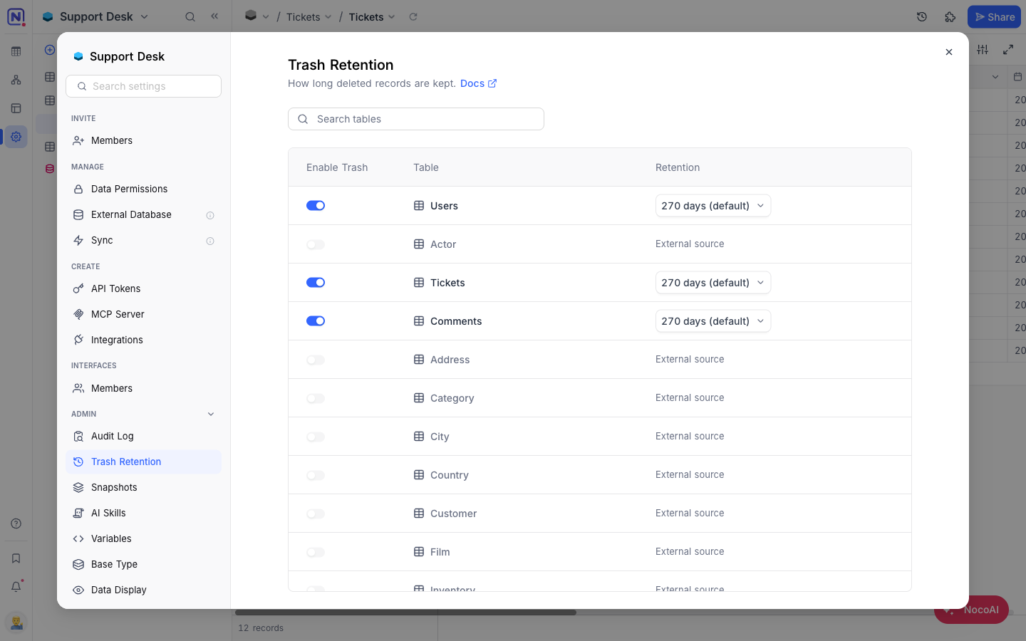 Record Trash settings — per-table toggle and retention selector