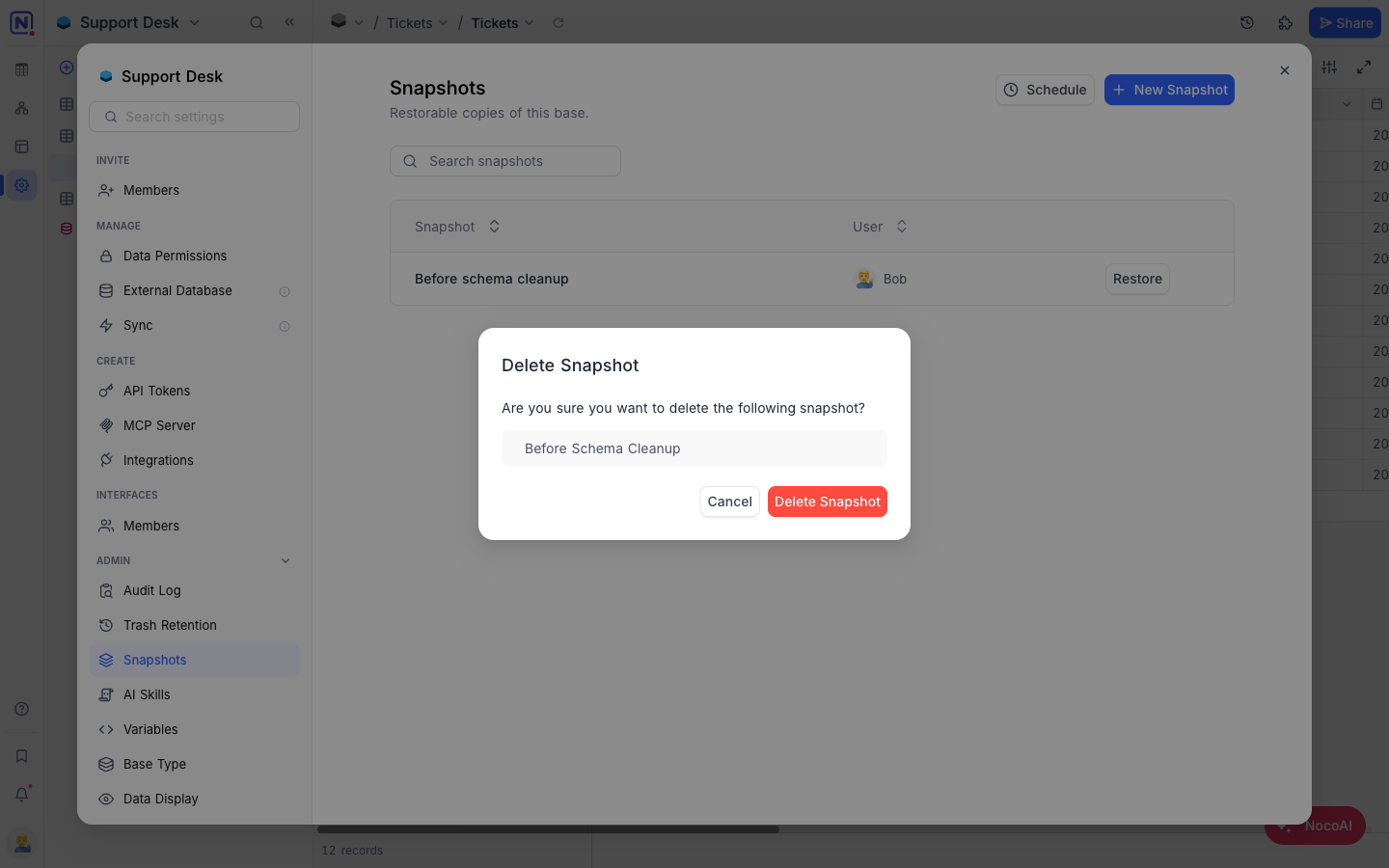 The Delete Snapshot confirmation