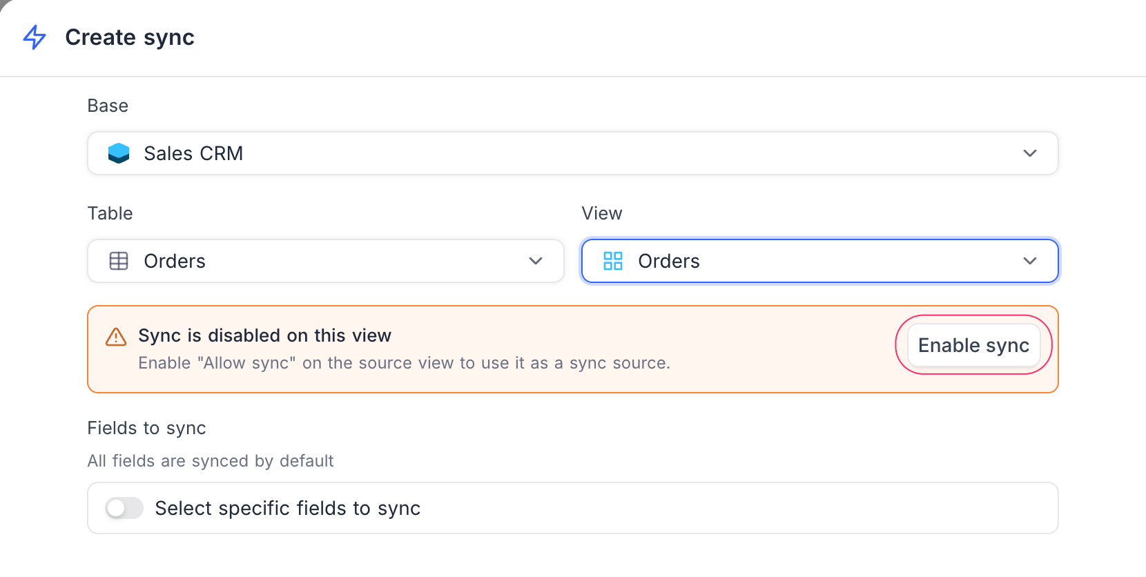 Enable sync inline from the create dialog