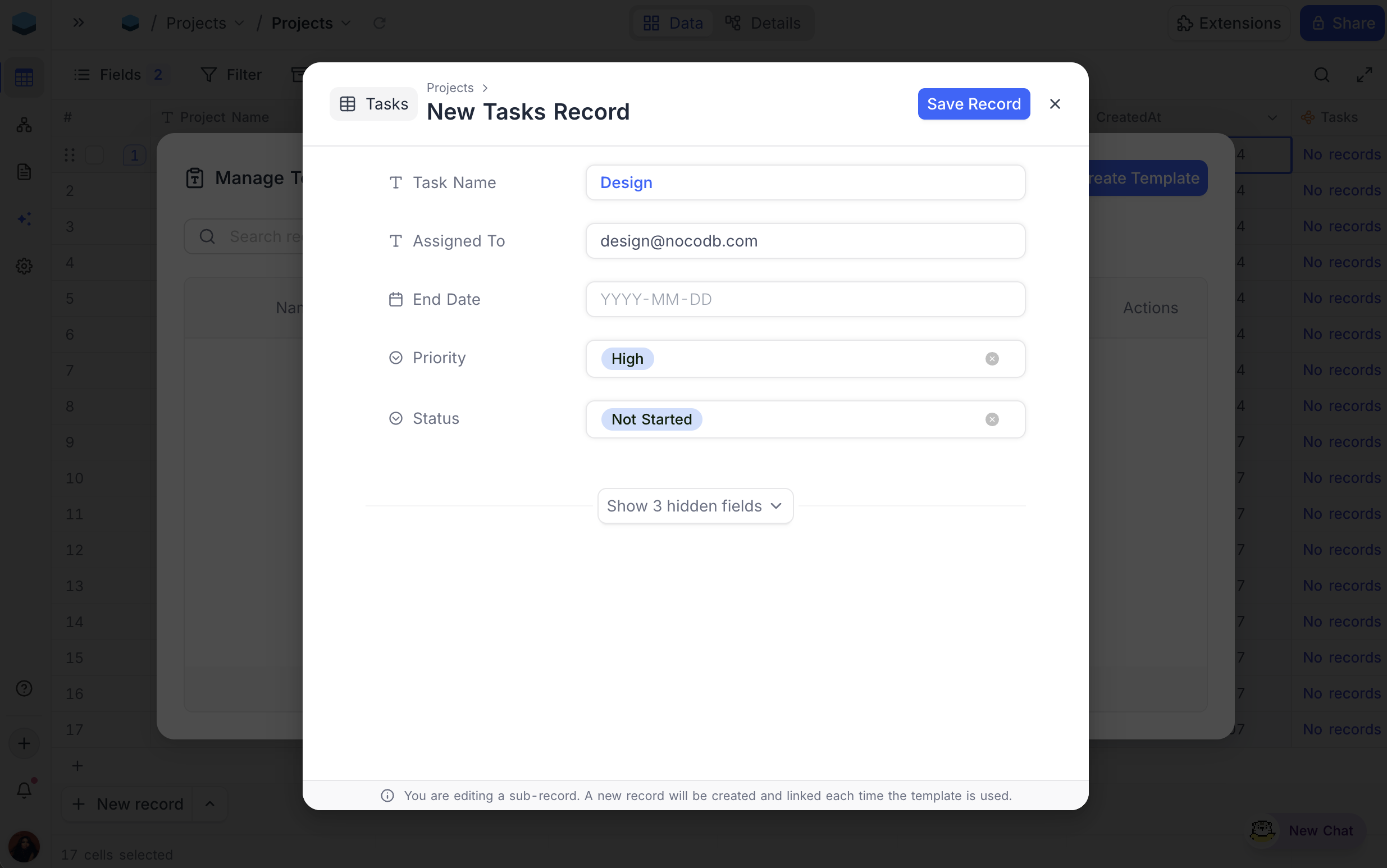 Sub-record blueprint form