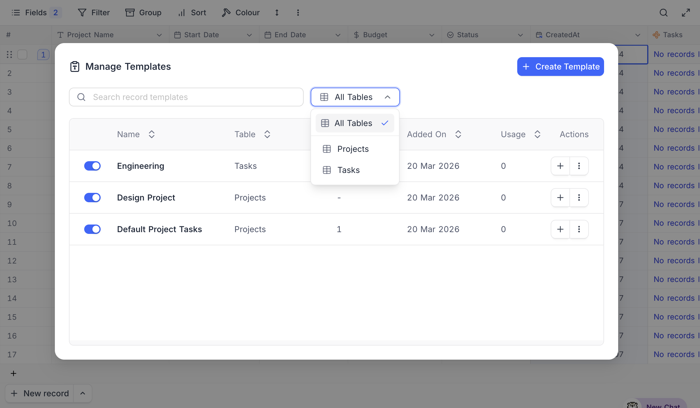 Filter templates by table