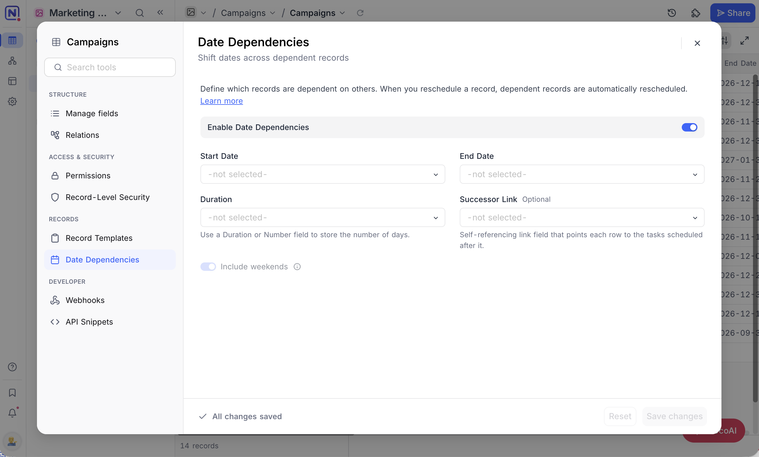Date Dependencies in the Tools panel