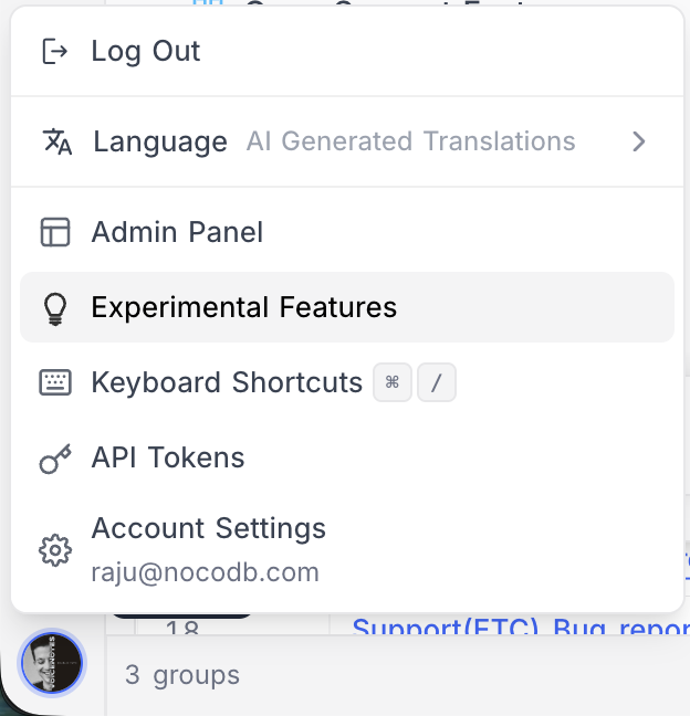 Experimental Features menu