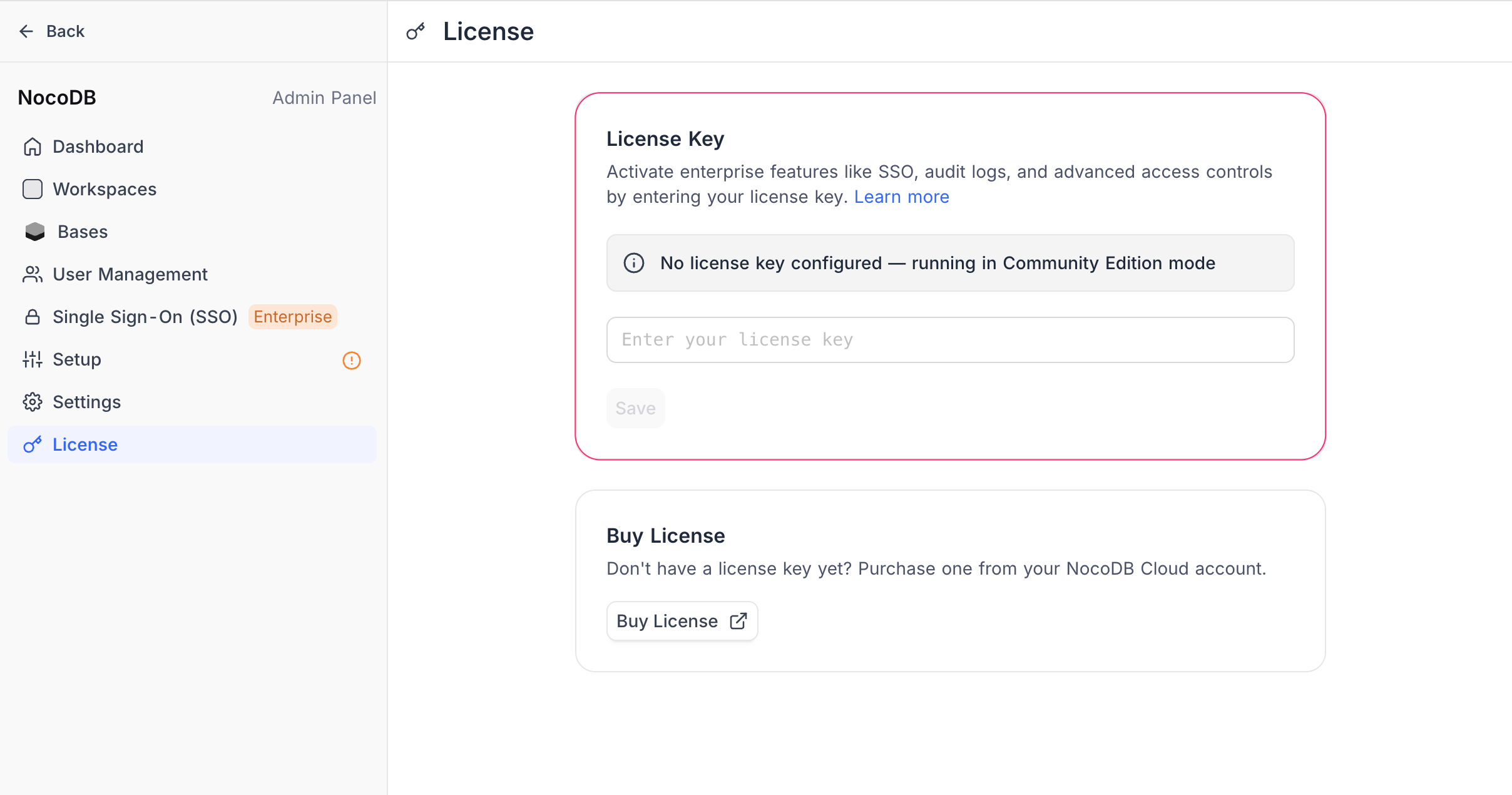 License page — no key configured