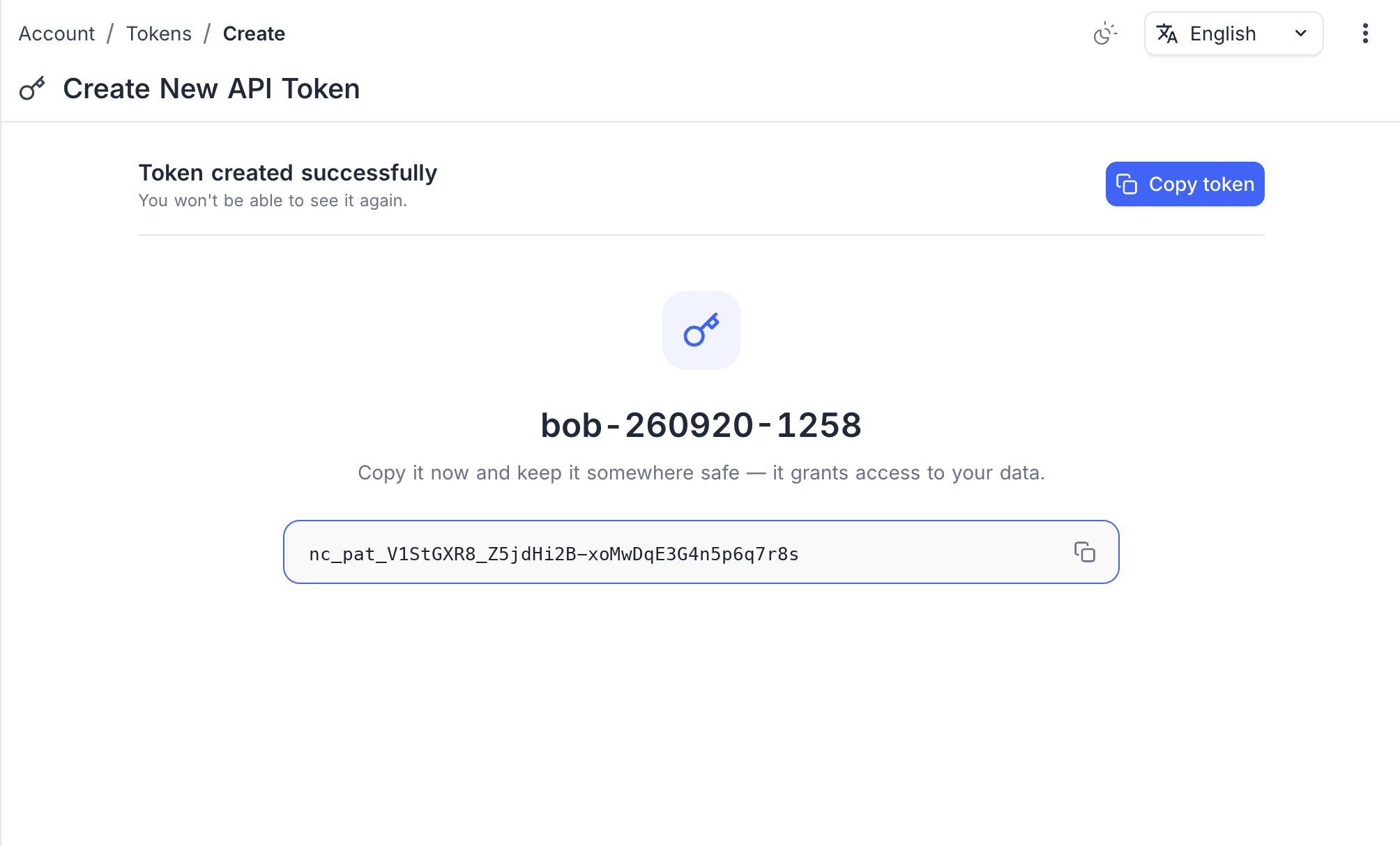 The token shown once after creation
