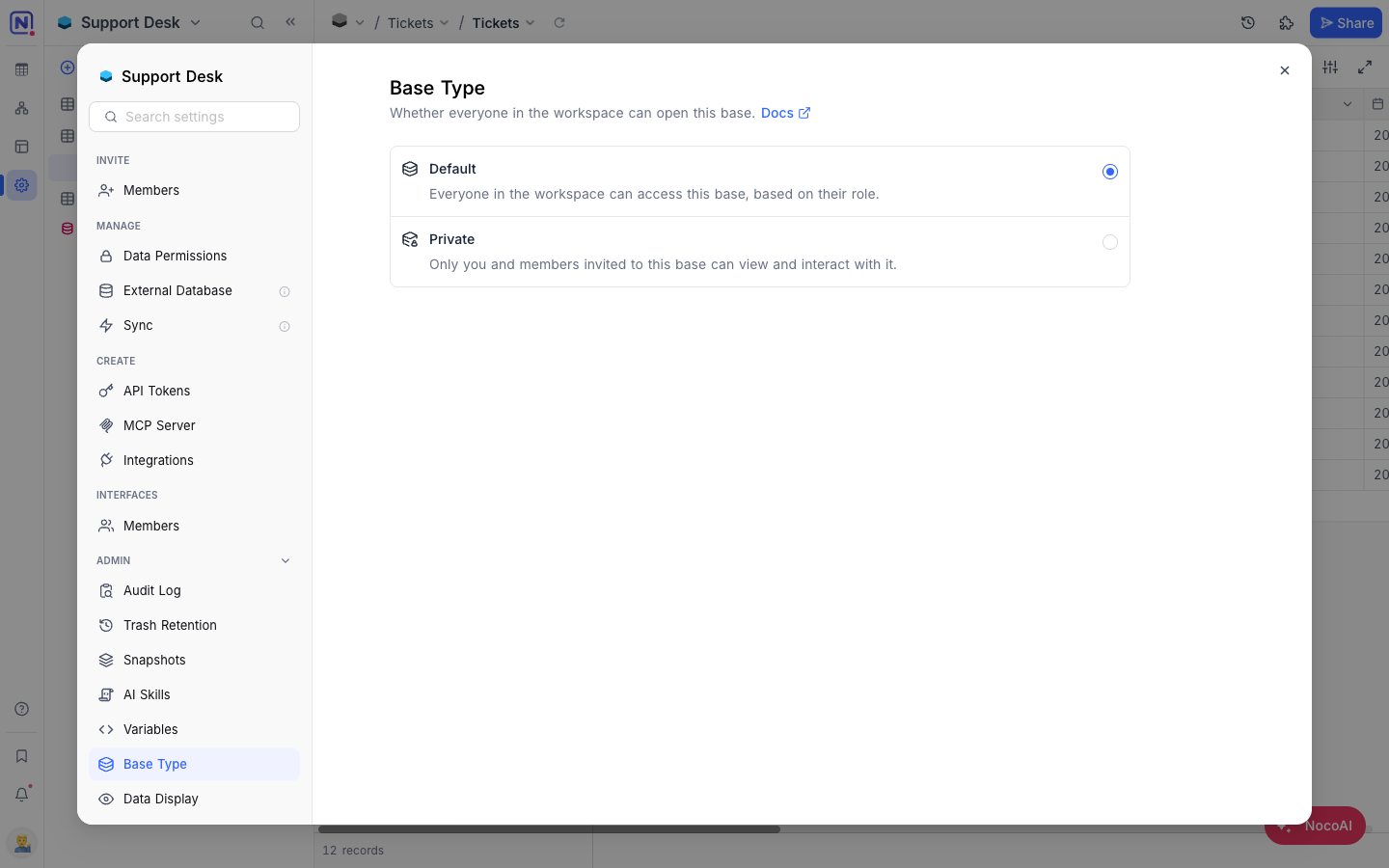 The Base Type pane under Base Settings → Admin
