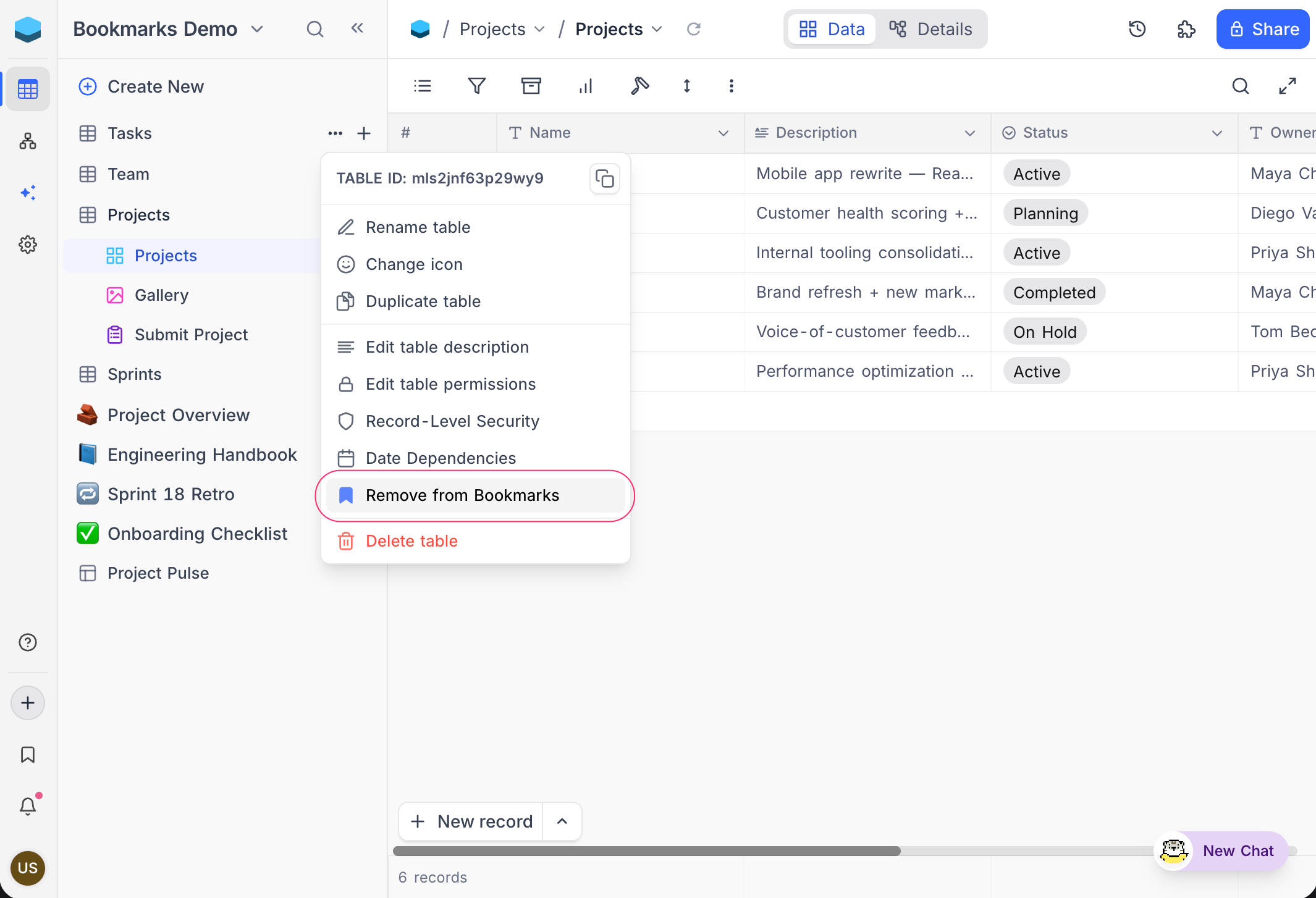 Remove from Bookmarks in a table context menu