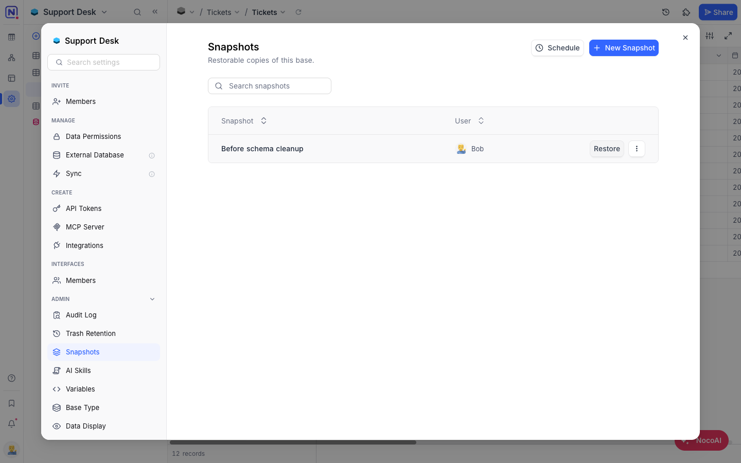 A snapshot listed with its Restore button and actions menu