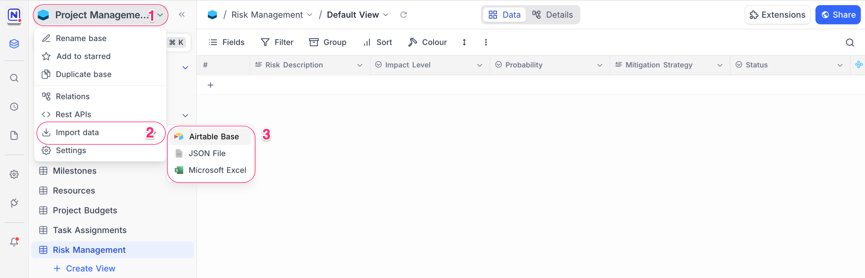import from sidebar