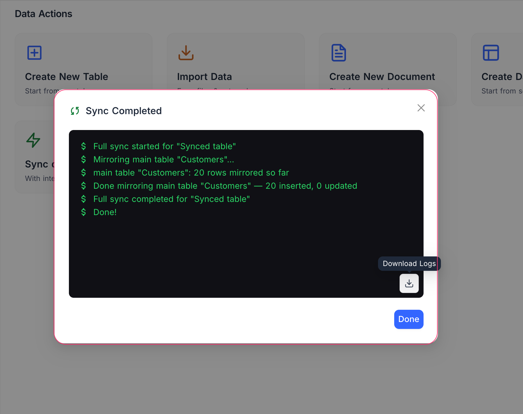 Sync completion panel