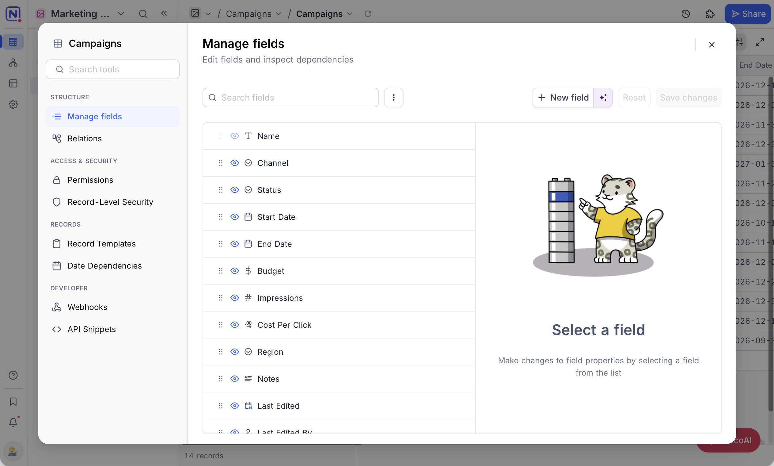 Manage fields selected in the tools rail