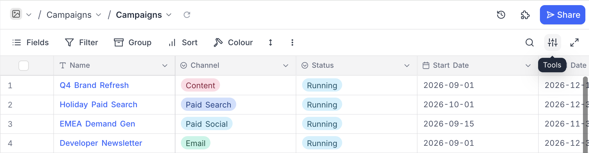 Tools button in the view toolbar