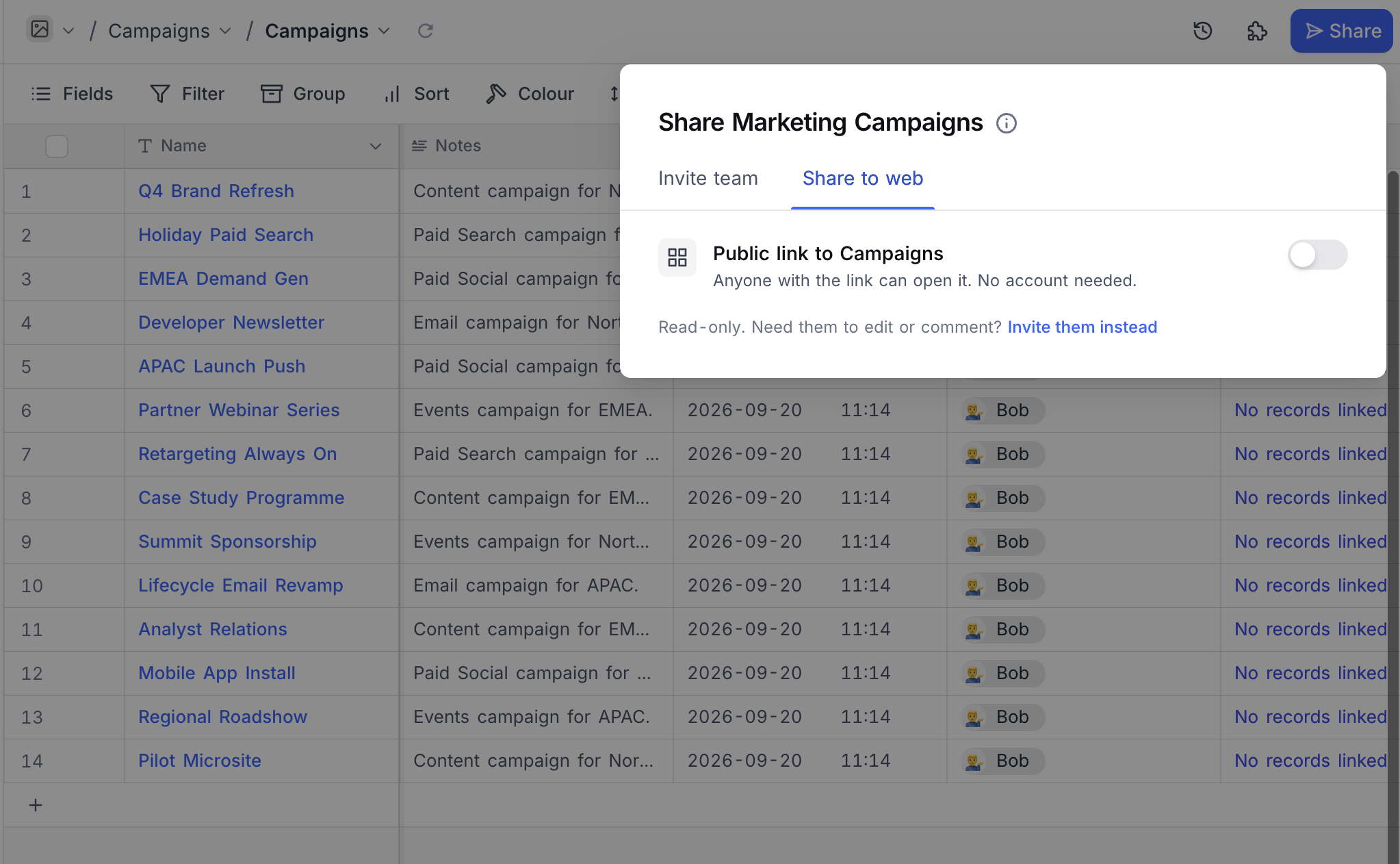 The Share to web tab before the link is created