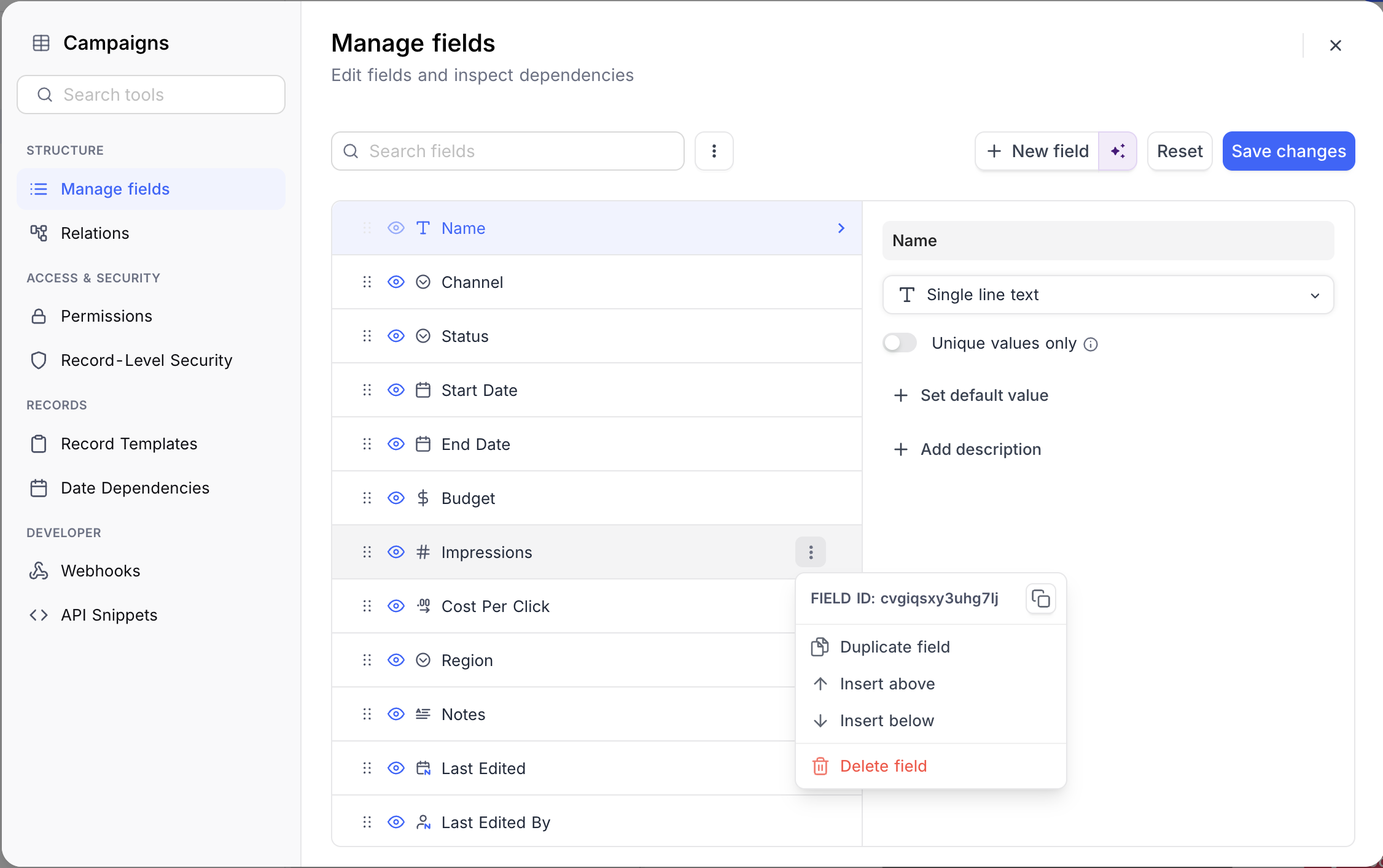 The field menu in the multi-field editor
