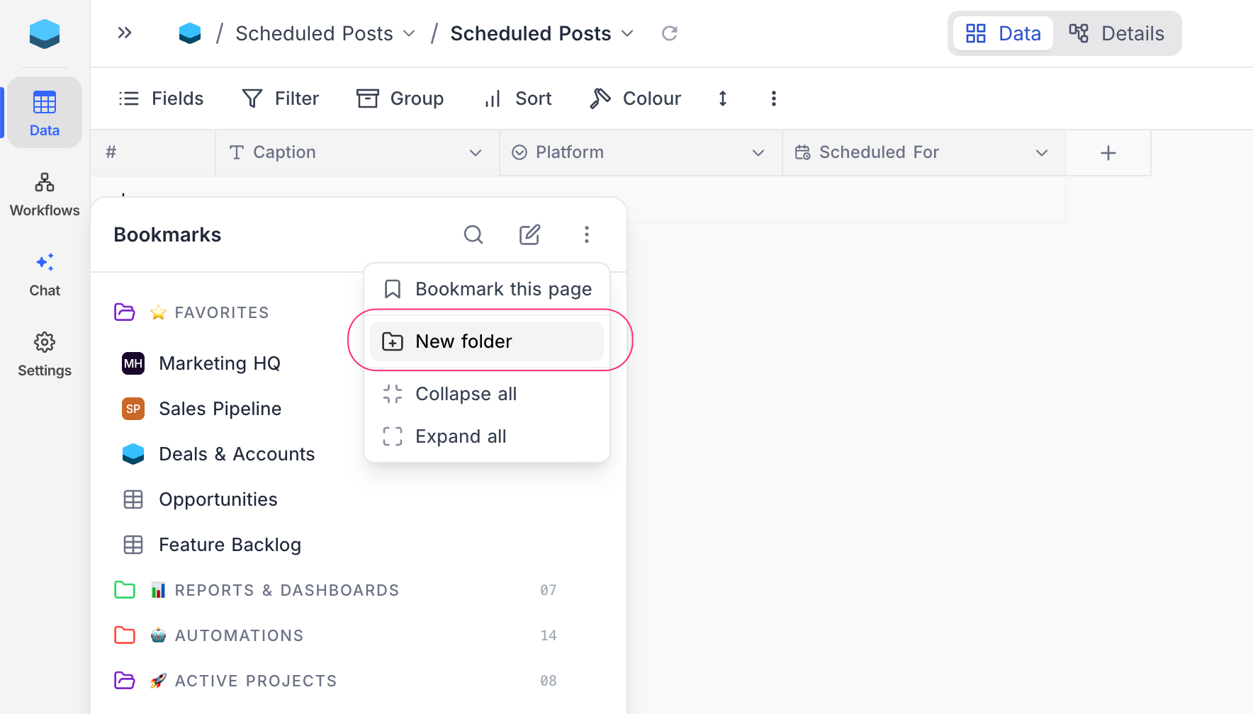 New folder option in the flyout header menu