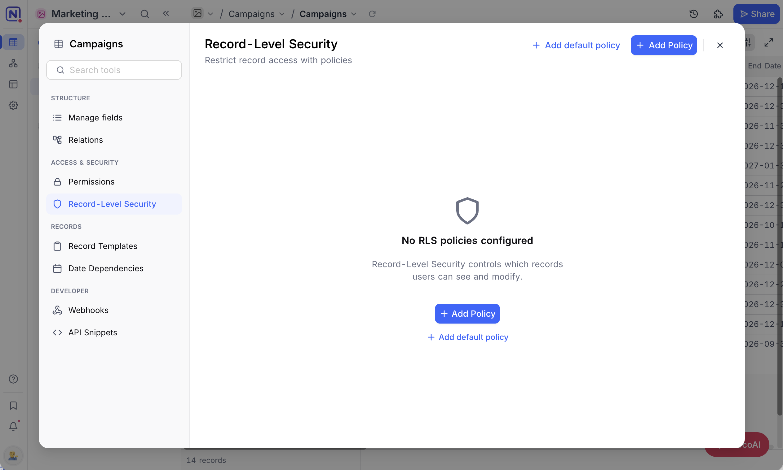 Record-Level Security in the Tools panel