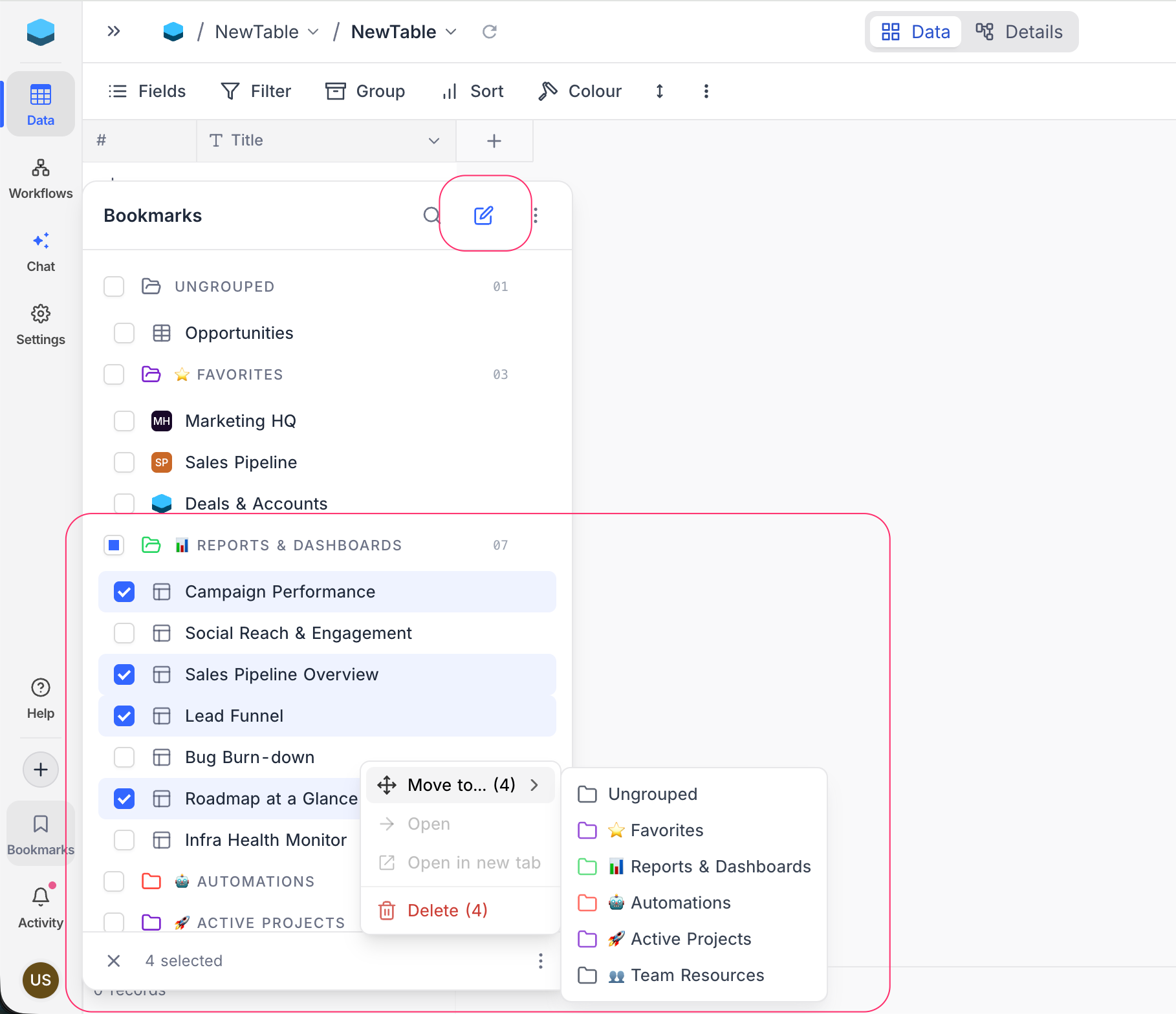 Edit mode with multiple bookmarks selected and the Move to submenu open