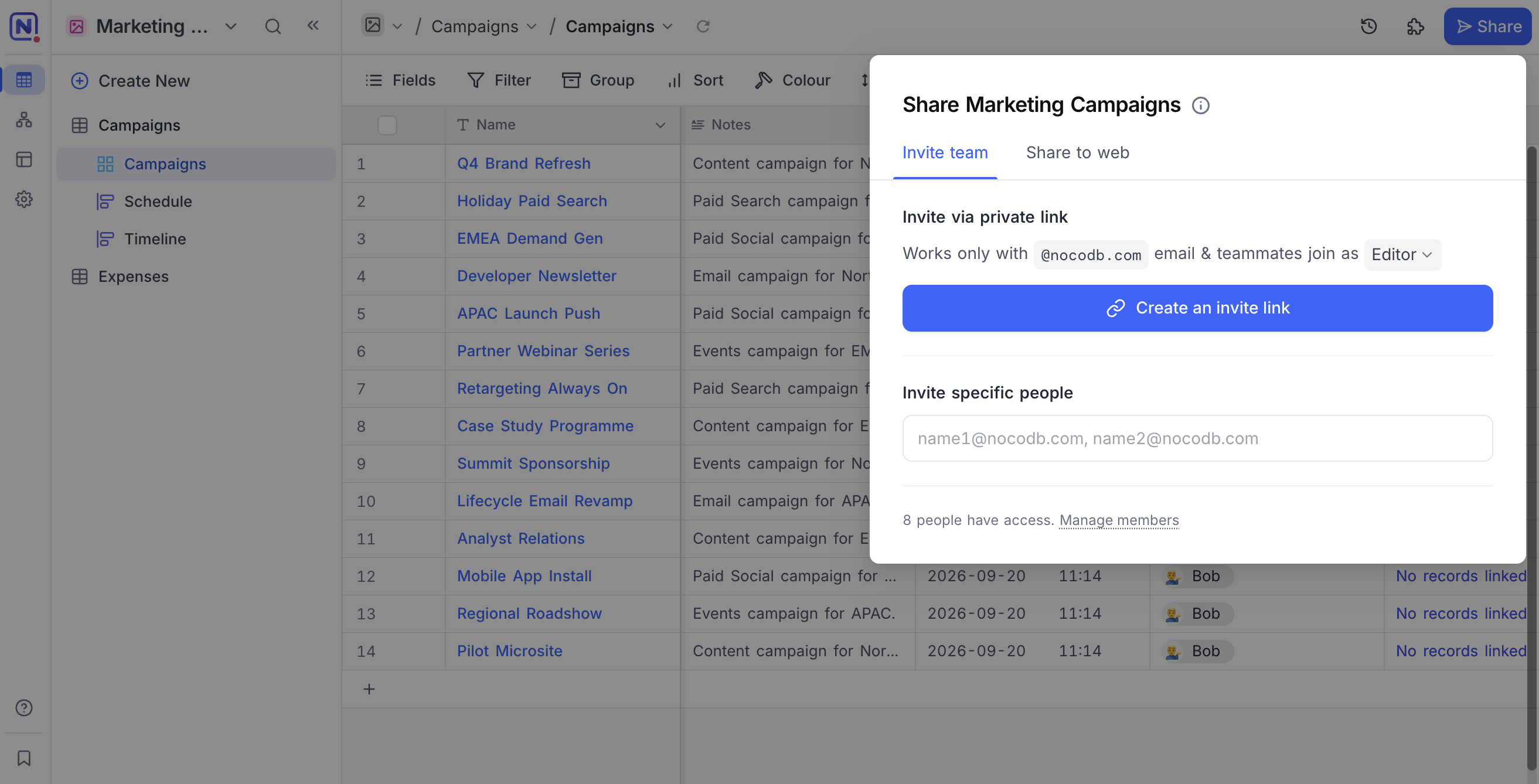 The Invite team tab with the Invite via private link block