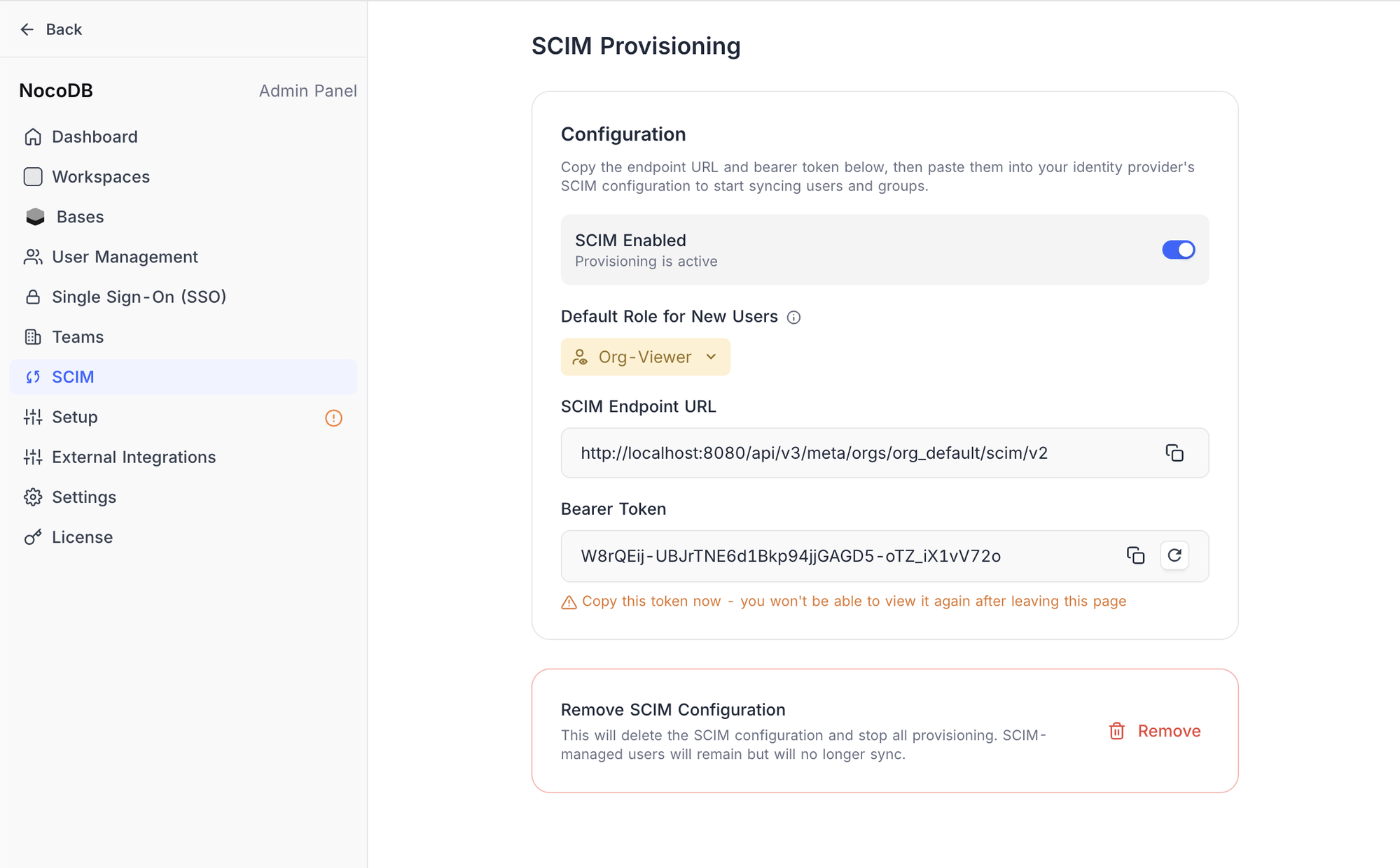 SCIM configured with token visible