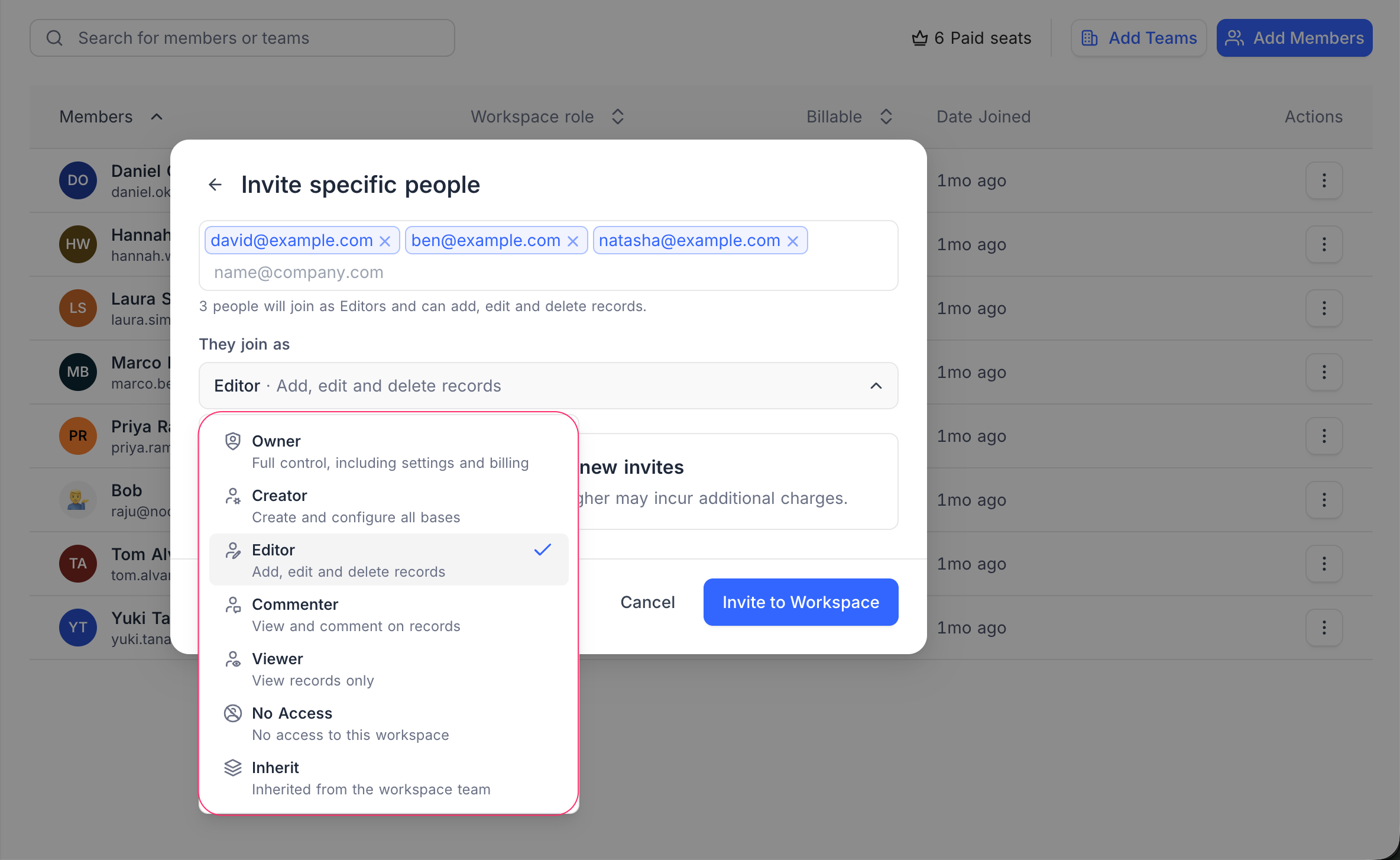 The role dropdown