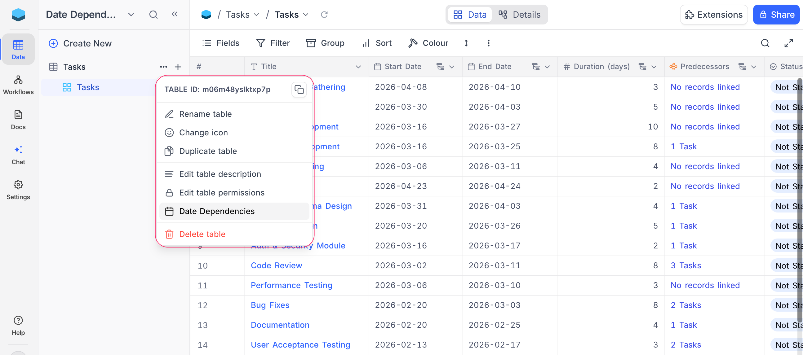 Table context menu showing Date Dependencies option