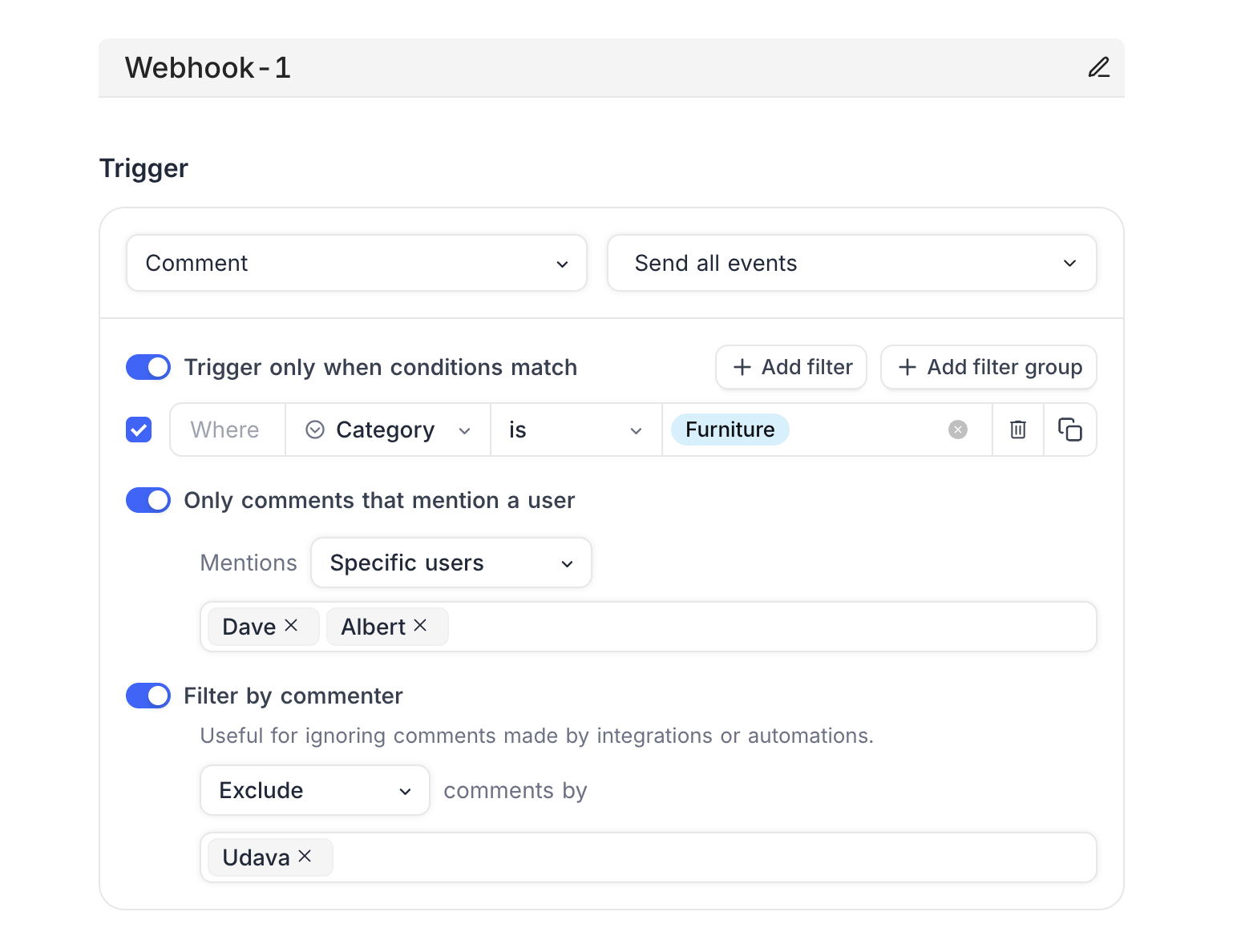 Comment webhook filters